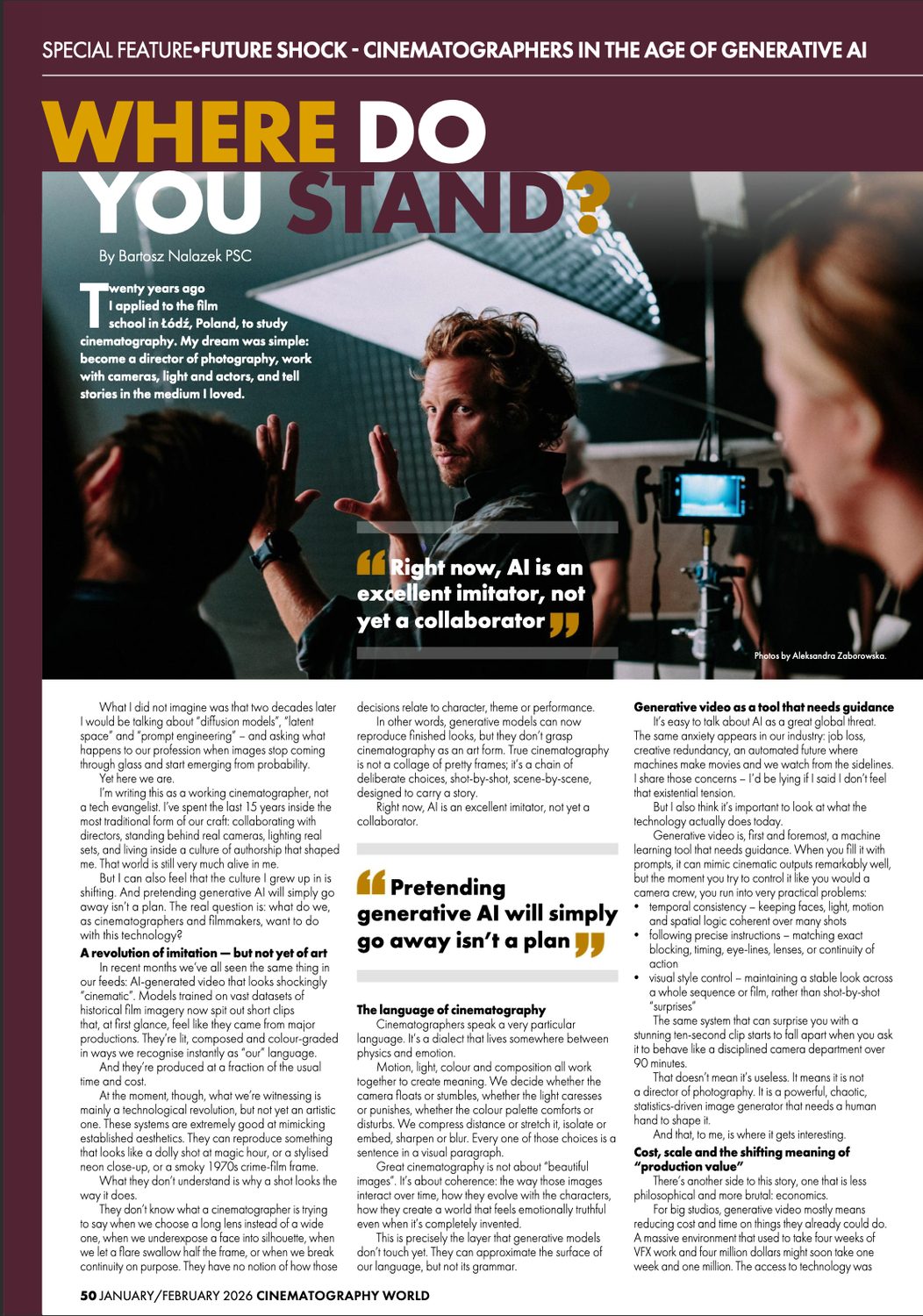 The ARTOS feature in Cinematography World magazine, January/February 2026.